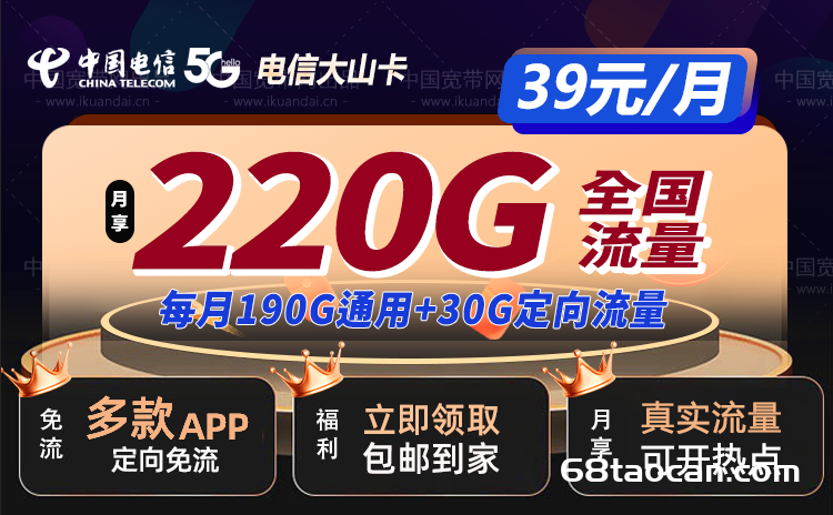 电信大山卡 39元220G全国流量【20年长期套餐】