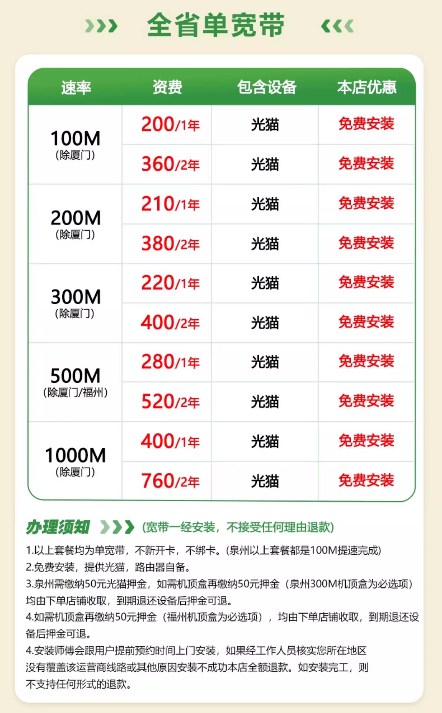 如何办理宽带？福建全省福州厦门泉州莆田新装宽带安装，千兆网络包年套餐价格表（福建移动、联通、电信宽带WIFI办理推荐）